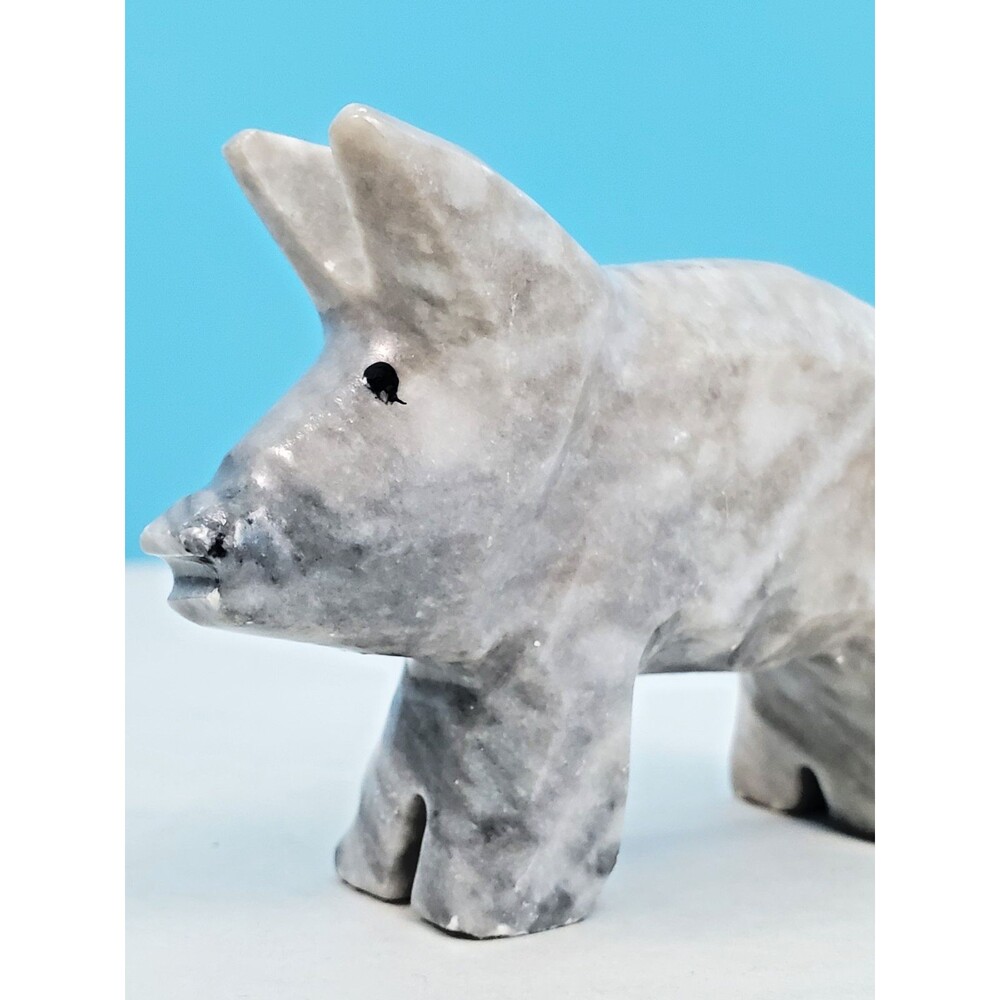 Carved Gray White Marble Stone Pig Figurine Hand Carved Animal Statuette